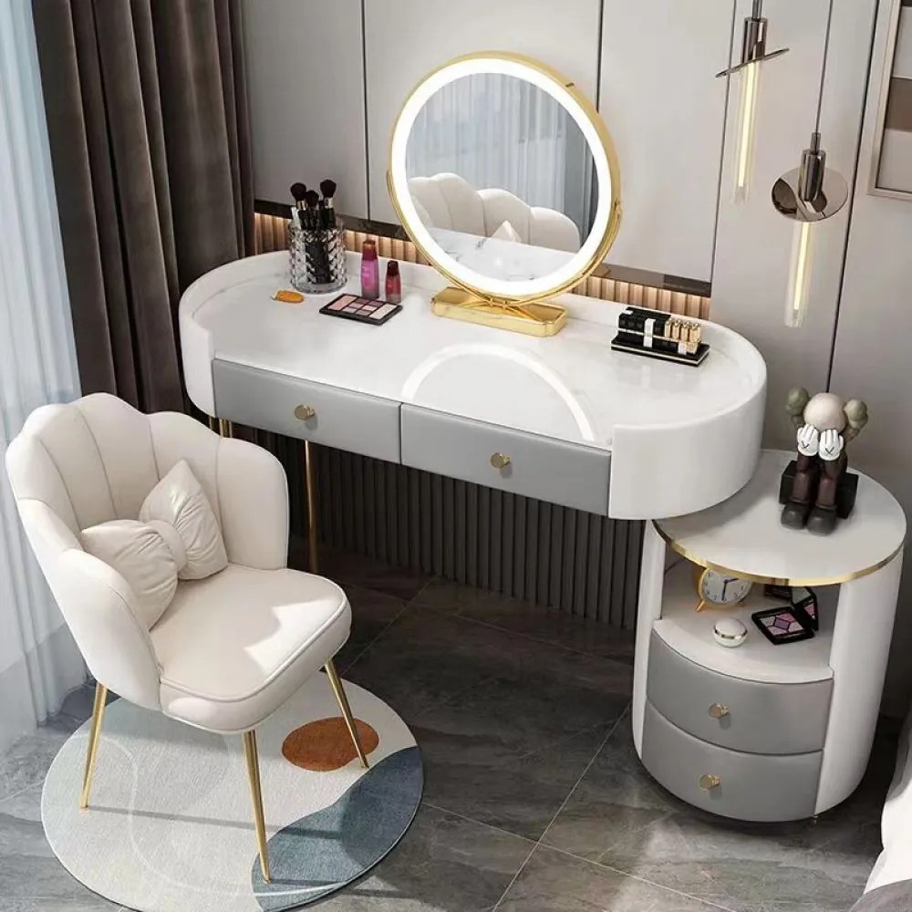 RESIGILAT Set Anais, Masă de toaletă pentru machiaj cu oglindă iluminată LED, control touch, 4 sertare, scaun, Alb/Gri