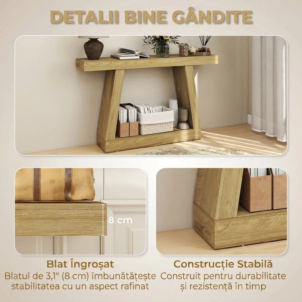 HOMCOM Masă Consolă 140 cm, Retro Canapea cu Spațiu de Depozitare, Stejar. | Aosom Romania