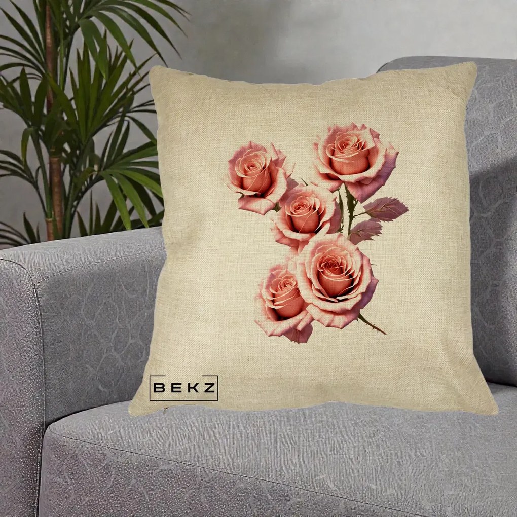 Perna Decorativa Trandafiri Roz Pastel Acuarela, 40x40 cm, Crem, Husa Detasabila, Perna Inclusa, BEKZ®