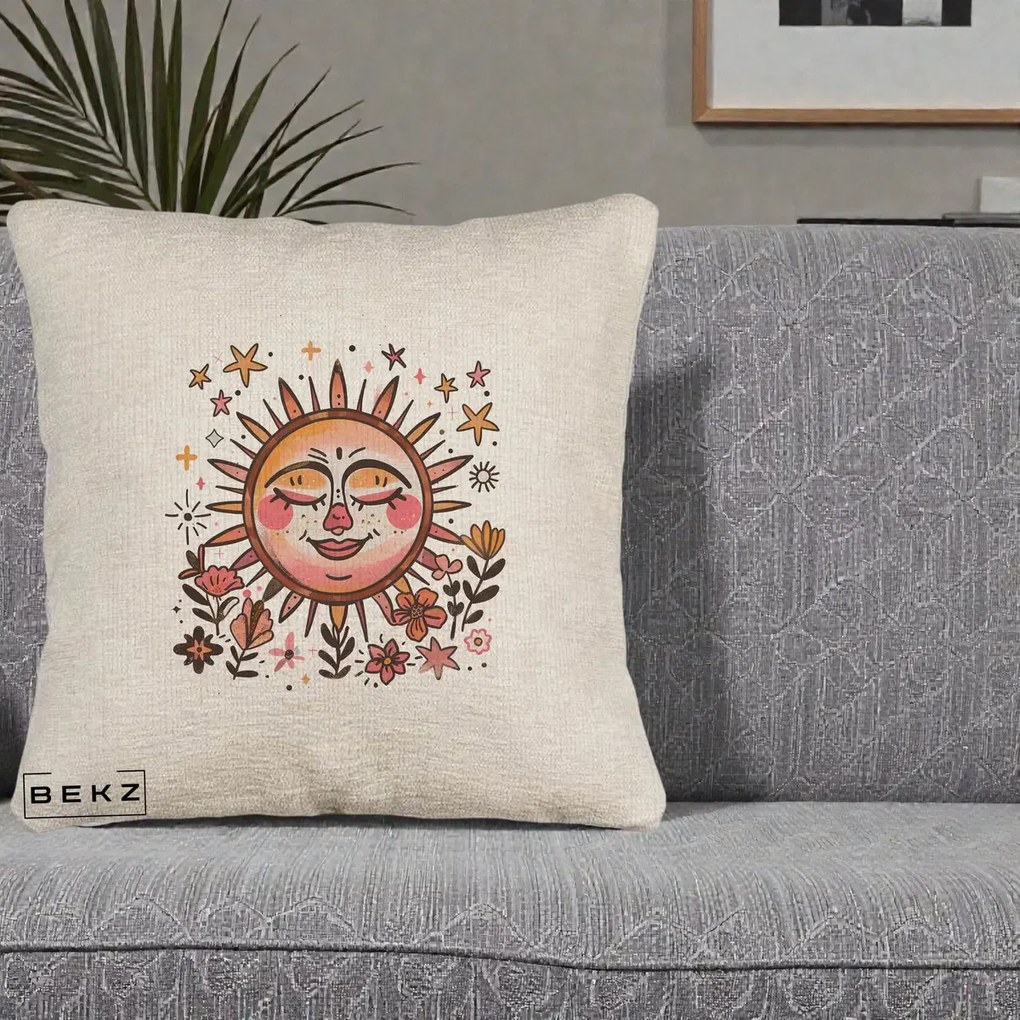 Perna Decorativa Soare Retro Boho Floral, 40x40 cm, Bej Canapea, Husa Detasabila, Perna Inclusa, BEKZ®