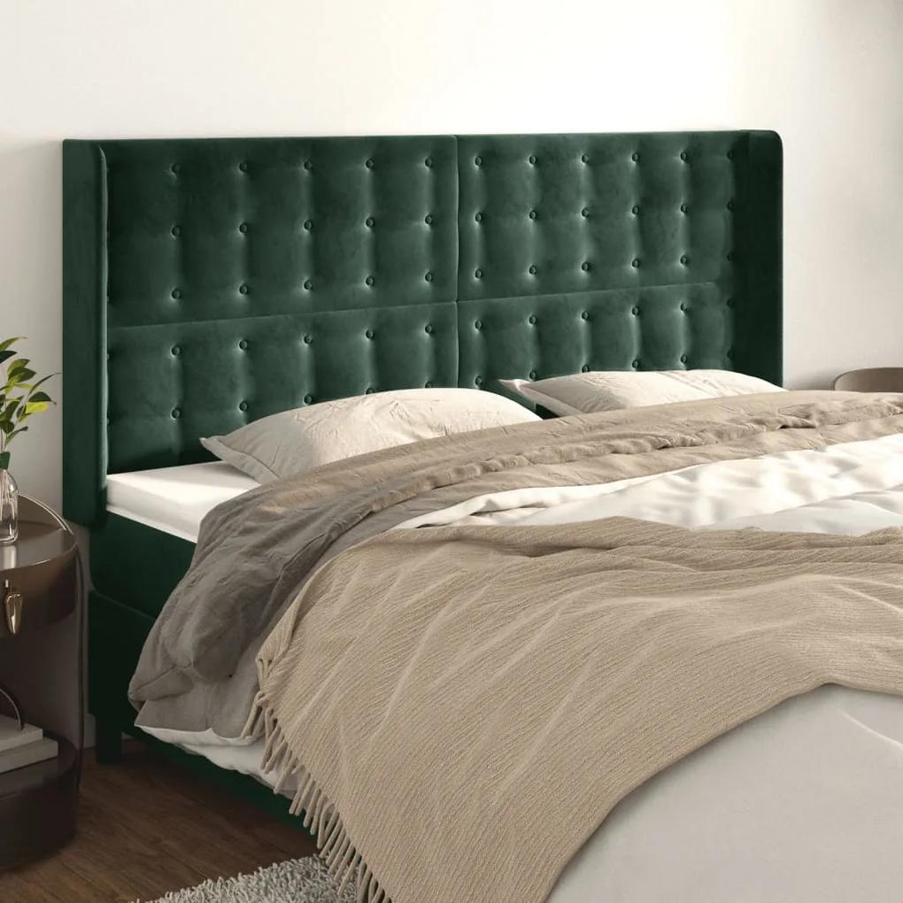 3120077 vidaXL Tăblie pat cu aripioare verde închis 183x16x118/128 cm catifea