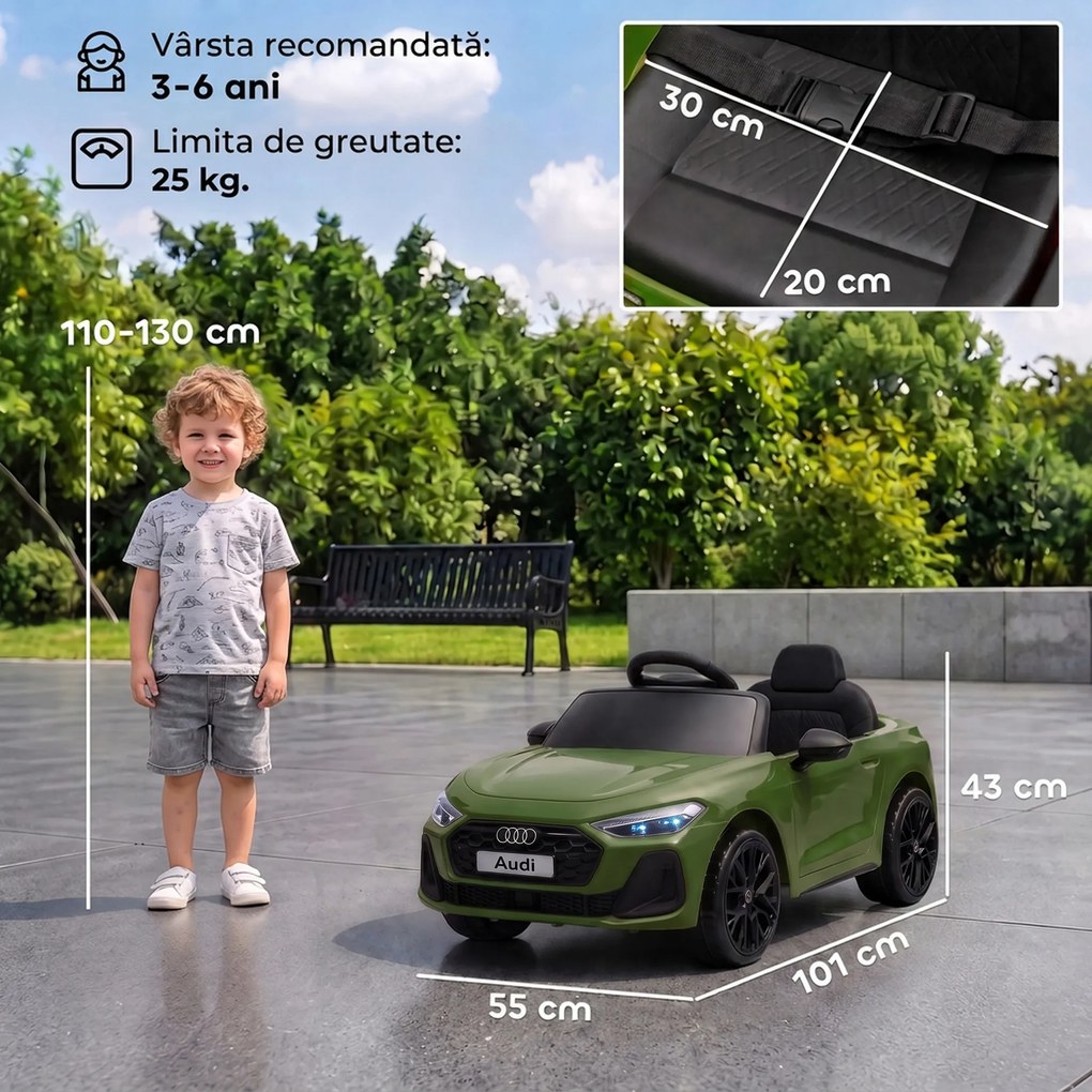 AIYAPLAY Mașină Electrică pentru Copii 12V Audi A5L cu Telecomandă, Baterie cu Litiu, 2 Motoare, Telecomandă, Verde | Aosom Romania