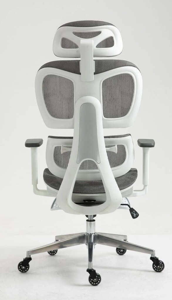 RESIGILAT- Scaun ergonomic, suport picioare, tetiera, reglabil, Mesh, Gri/Alb