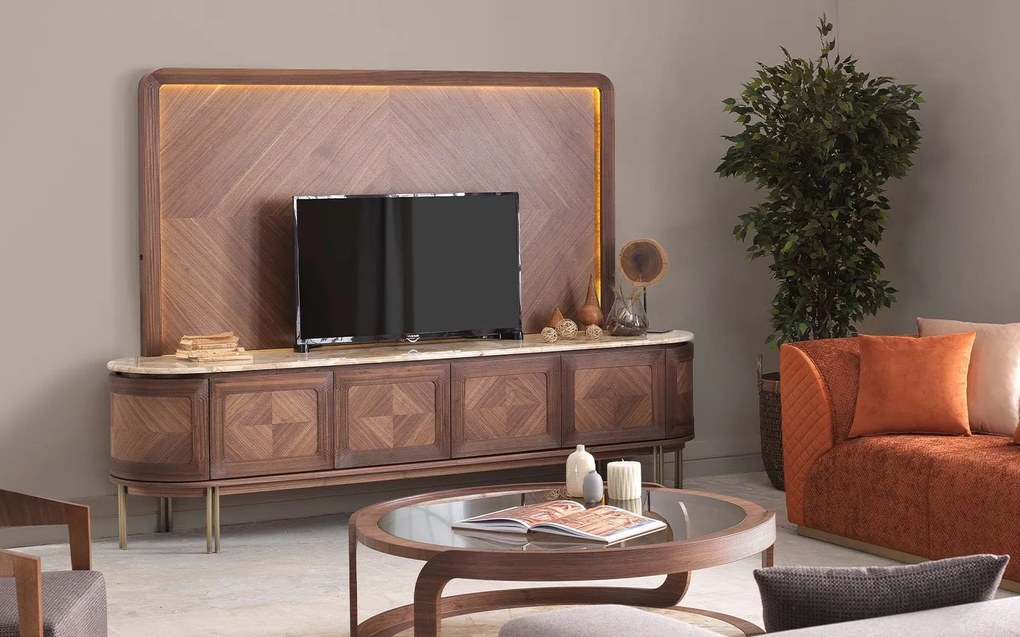 Set lemn masiv nuc Living Emma - Marmură Naturală, 245 × 56 × 173 cm
