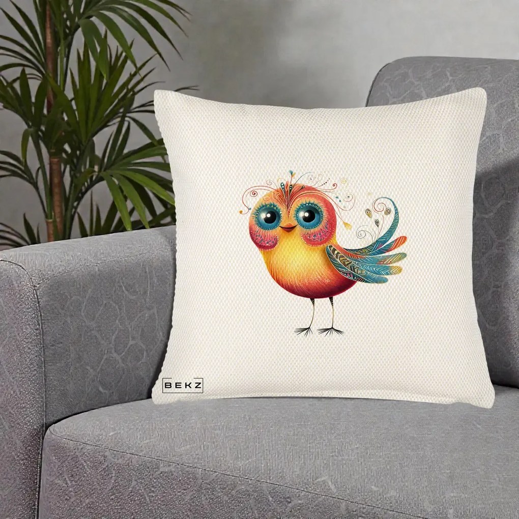 Perna Decorativa Pasare Vibranta cu Aripi Ornamentale, 40x40 cm, Crem Reliefat, Husa Detasabila, Perna Inclusa, BEKZ®