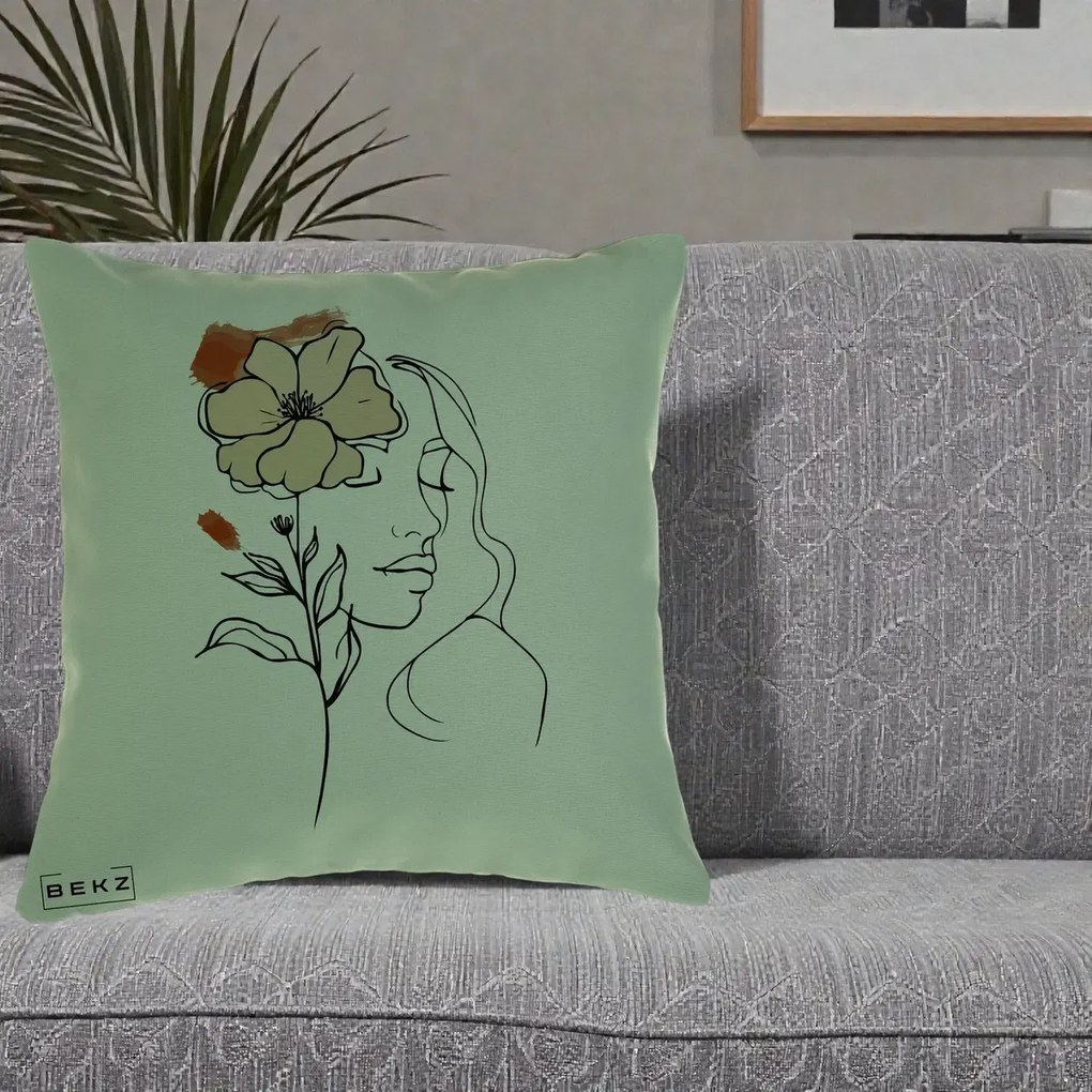 Perna Decorativa Portret Feminin Floare Bej Terracotta, 40x40 cm, Verde, Husa Detasabila, Perna Inclusa, BEKZ®