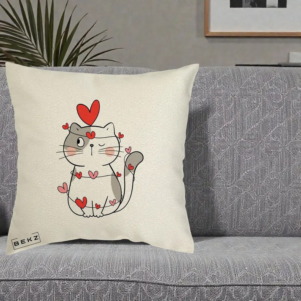 Perna Decorativa Pisica Kawaii cu Inimi, 40x40 cm, Ecru, Husa Detasabila, Perna Inclusa, BEKZ®