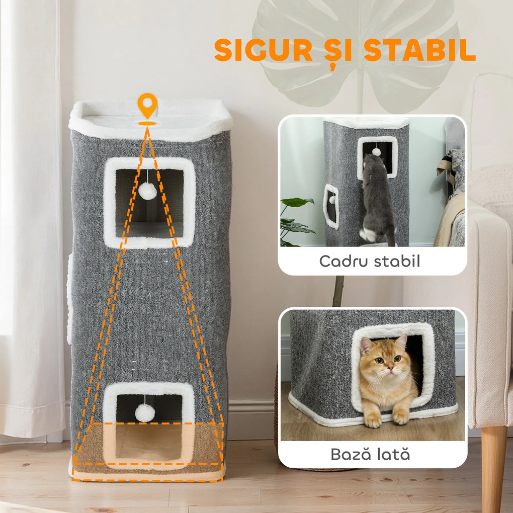 PawHut Ansamblu de joacă pentru Pisici cu 4 Nivele, 3 Bile de Jucărie din PAL, Textil și Pluș, 41x41x100 cm, Gri și Alb | Aosom Romania