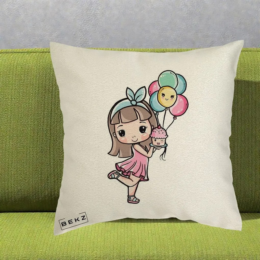 Perna Decorativa Fetita Kawaii cu Baloane si Cupcake, 40x40 cm, Ecru, Husa Detasabila, Perna Inclusa, BEKZ®