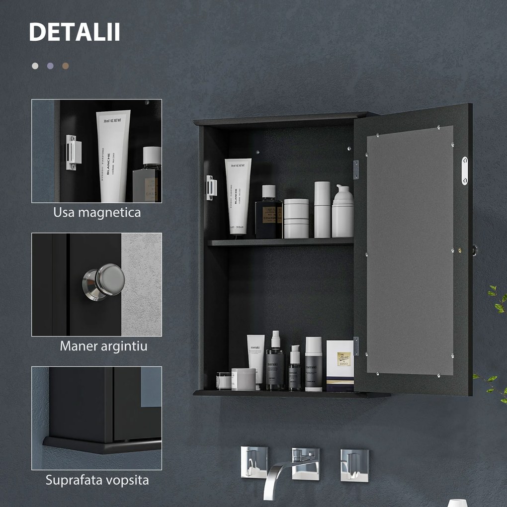kleankin Mobilier de Baie Dulap Suspendat cu Oglindă 41x14x60cm Negru | Aosom Romania