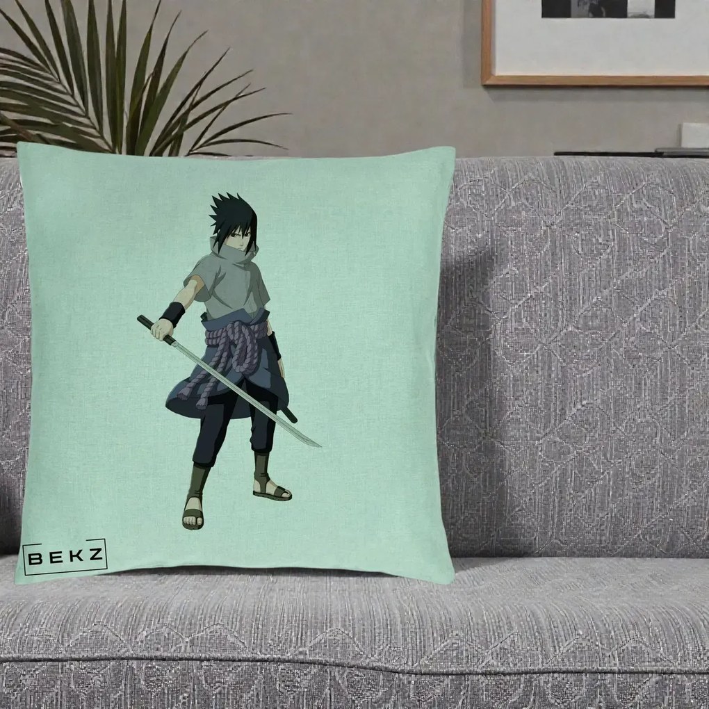 Perna Personalizata Naruto Sasuke Uchiha cu Sabia, 40x40 cm, Verde Menta, Husa Detasabila, Perna Inclusa, BEKZ®