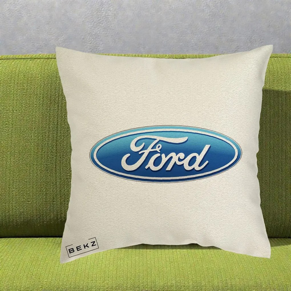 Perna Personalizata cu emblema Ford, 40x40 cm, Ecru, Husa Detasabila, Perna Inclusa, BEKZ®