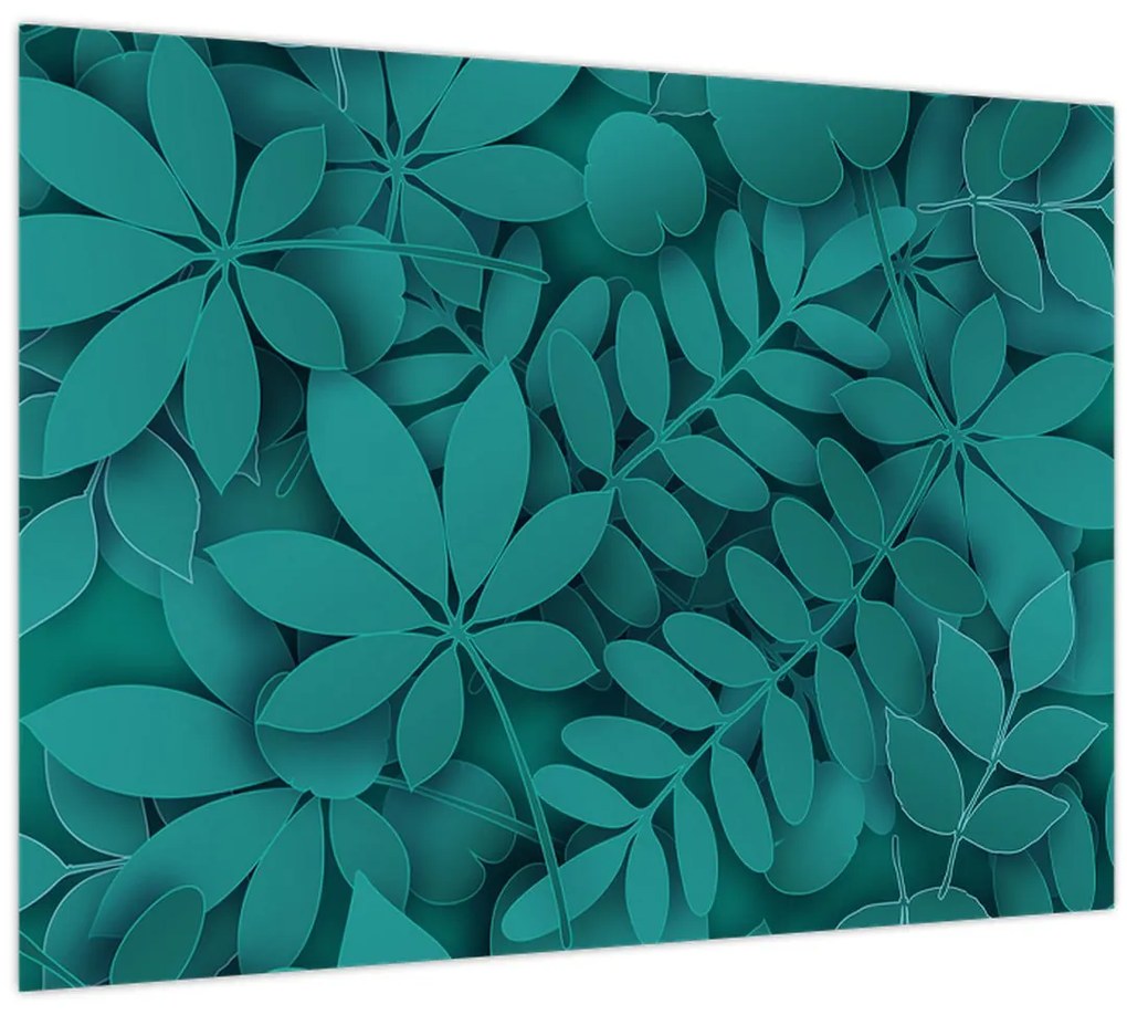 Tablou pe sticlă - Frunze turcoaz (70x50 cm)