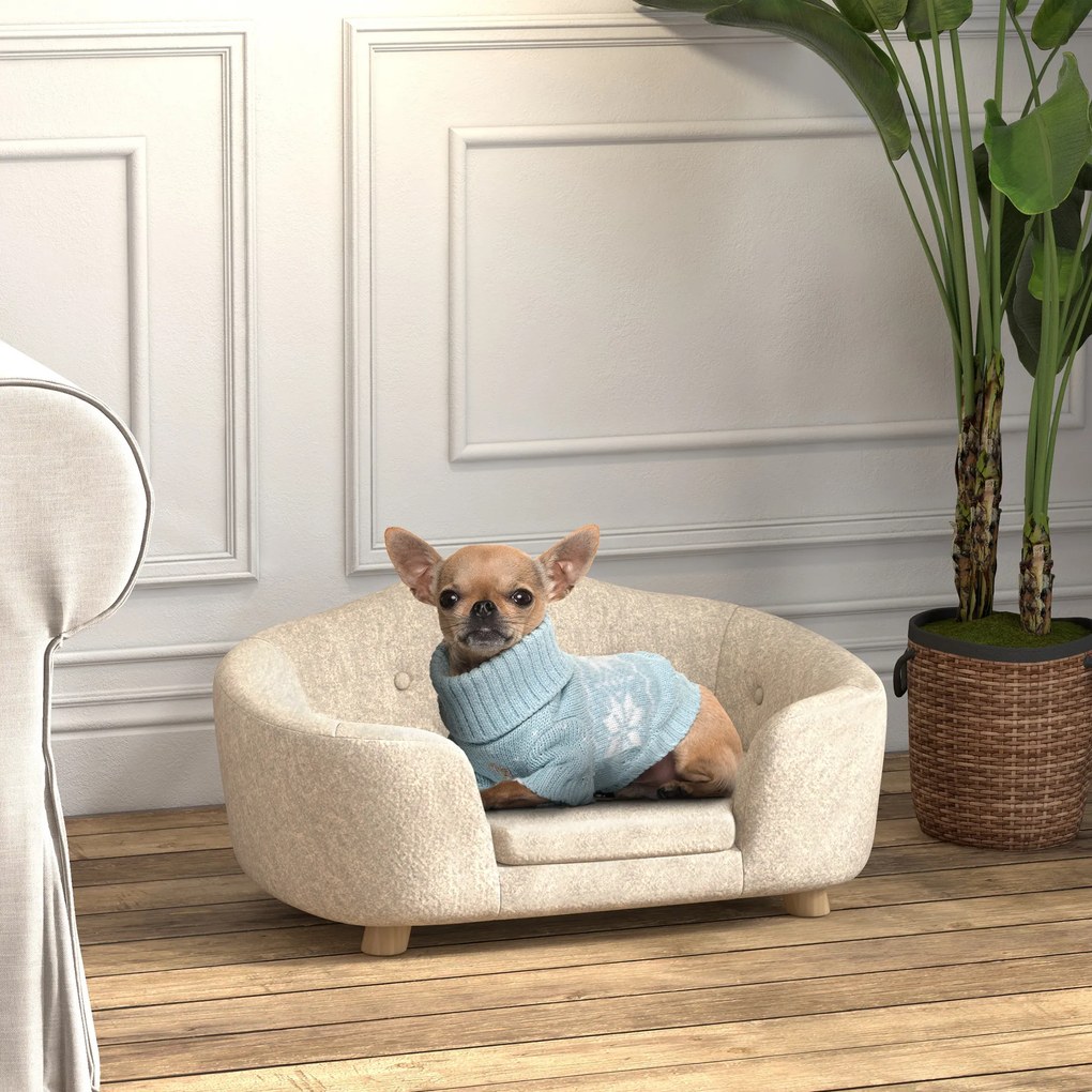 PawHut Canapea pentru animale de companie, Pat pentru câini, Canapea pentru câini, Canapea pentru pisici cu pernă și buzunar posterior, Pluș, Spumă, Lemn de pin, Crem, 70 x 47 x 30 cm | Aosom Romania