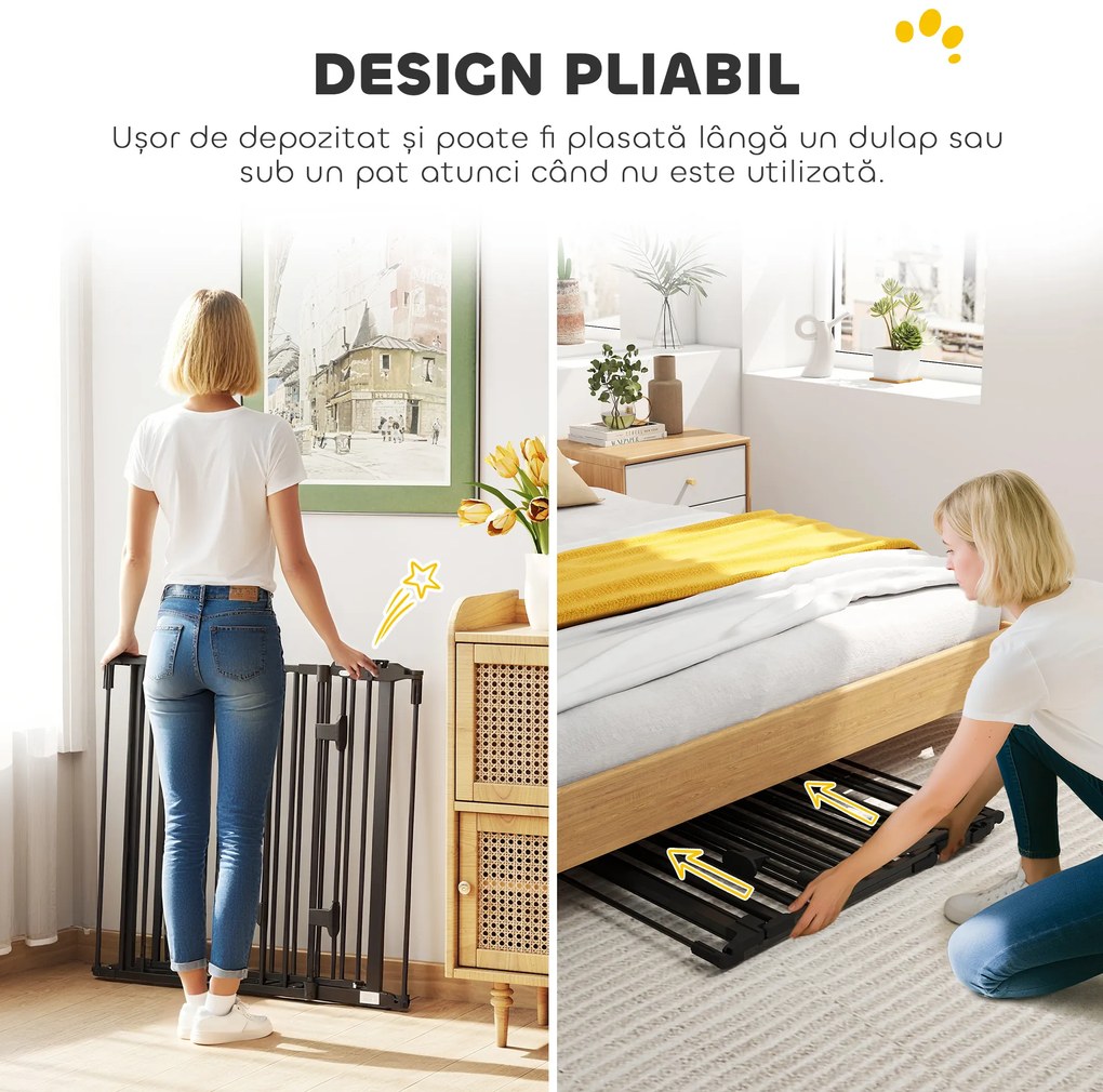 PawHut Poartă de Siguranță Pliabilă Oțel Închidere/Blocare Automată 202.5x2x76 cm Neagră Ușor de Folosit | Aosom Romania