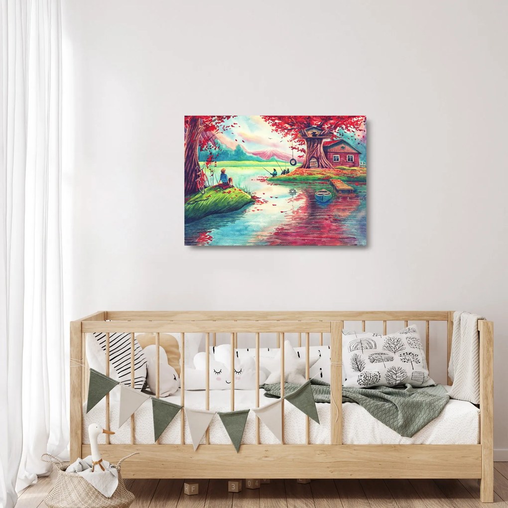 Tablou pe sticlă - Acuarelă, Golf într-un sat de munte (70x50 cm)