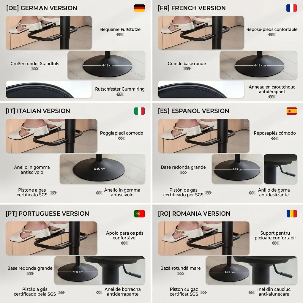 HOMCOM Set 2 Scaune de Bar Rotative din Țesătură cu Înălțime Ajustabilă Bej | Aosom Romania