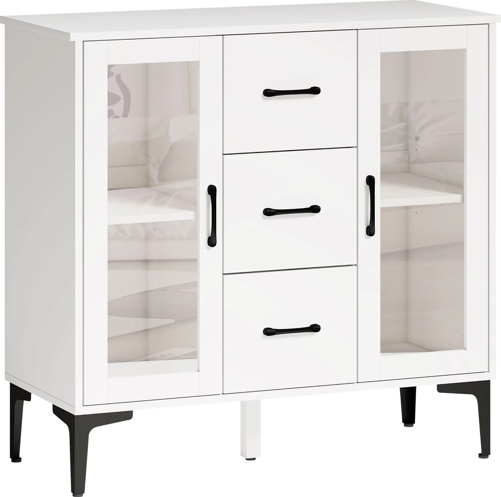 HOMCOM Bufet modern cu uși Soft-Close, bufet cu 3 sertare, 2 uși din sticlă, rafturi reglabile, MDF, Alb | Aosom Romania