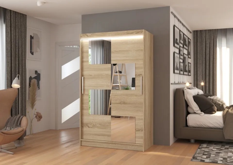 Dulap cu usi glisante si oglinda + iluminare LED, Lugano 120 + LED, 120 cmx200 cmx58 cm, ADRK Furniture (Culoare: Alb)