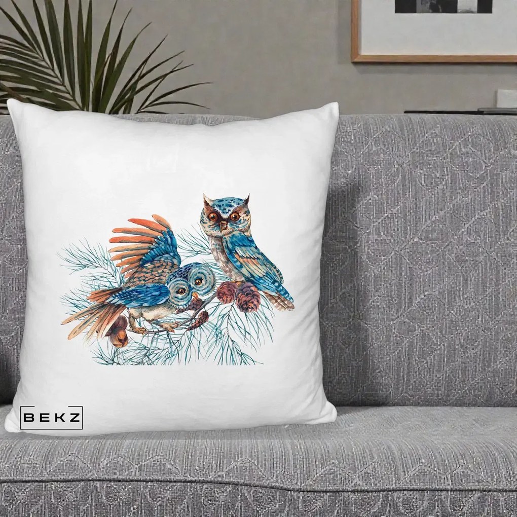 Perna Decorativa Bufnite de Iarna Albastre, 40x40 cm, Alb Pufos, Husa Detasabila, Perna Inclusa, BEKZ®