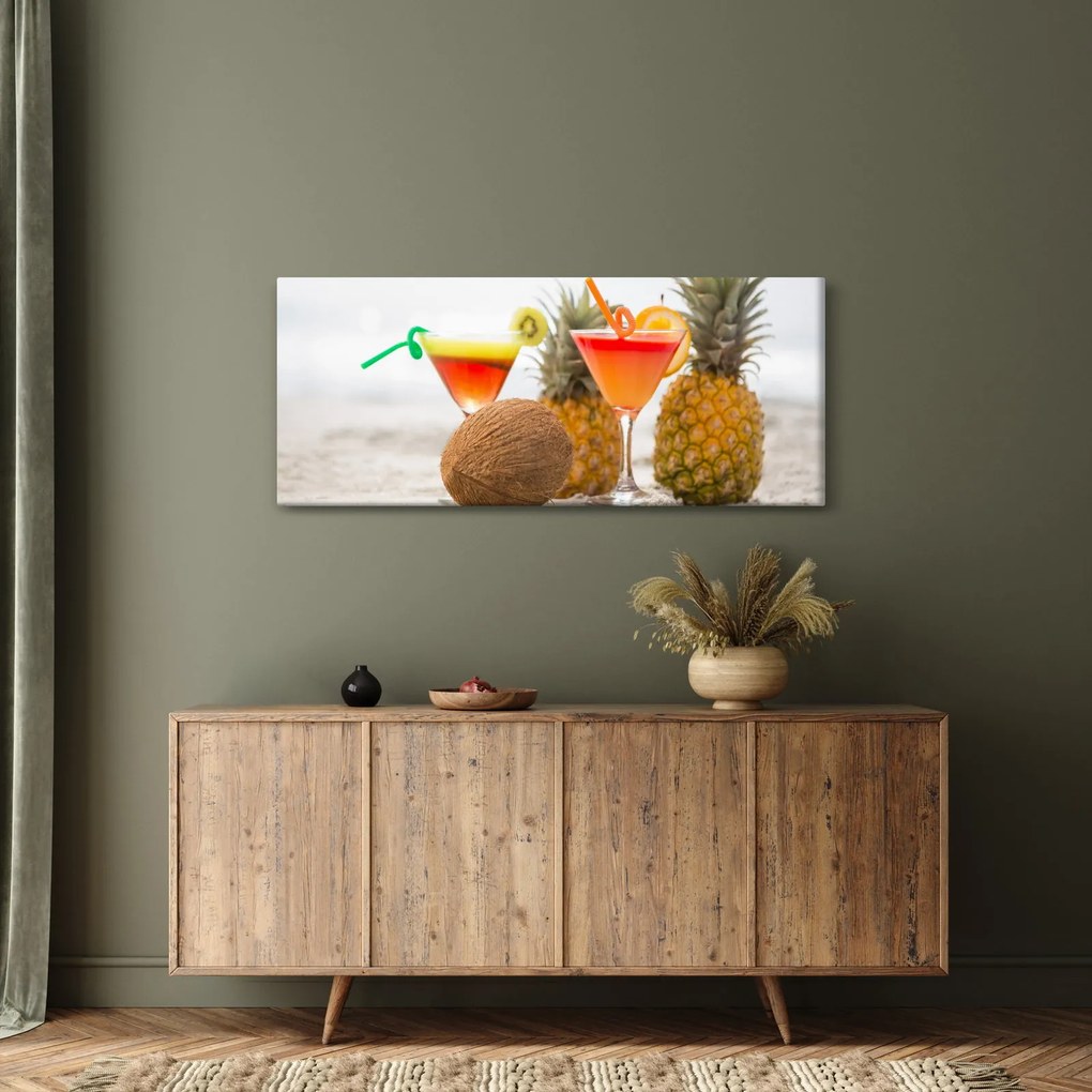 Tablou cu ananas și pahare pe plajă (120x50 cm)