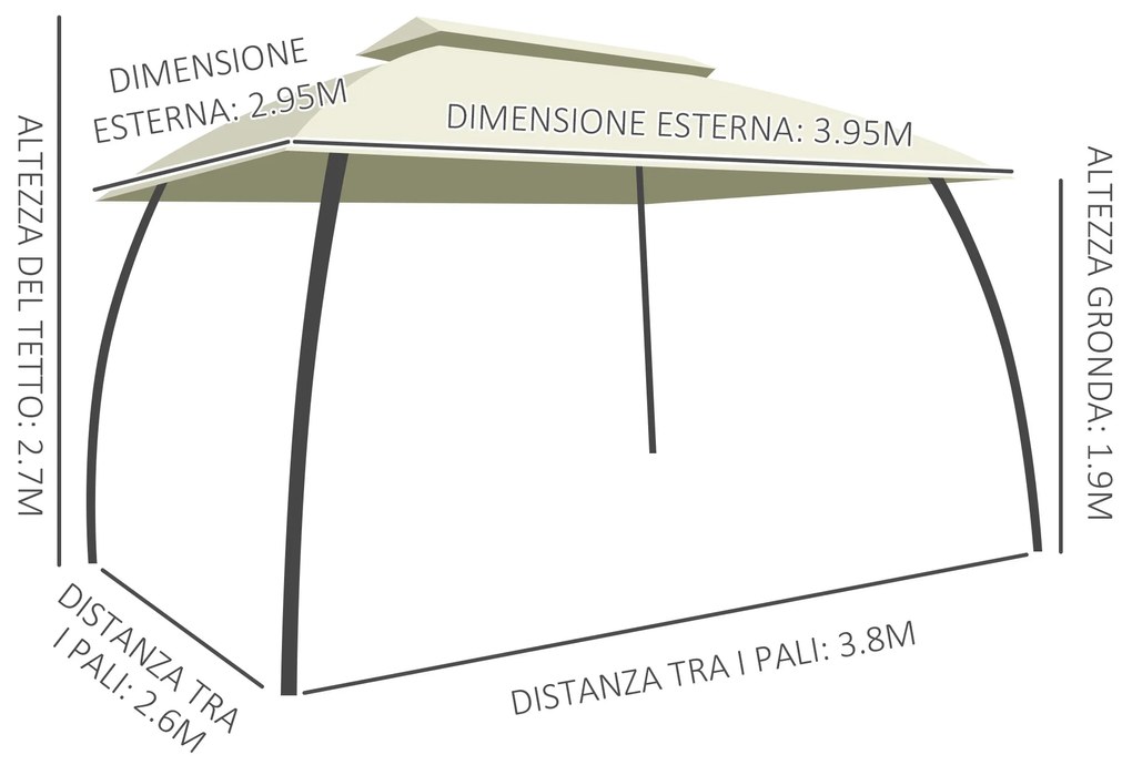 Outsunny Foisor de exterior 4 x 3 (m) cu pereti laterali, acoperis dublu ventilat, cu cadru din otel, pentru gradina, gazon, curte si punte, Bej