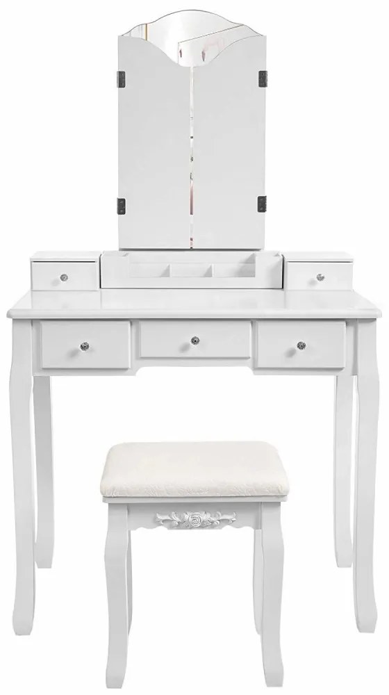 Set Barbara, Masă de toaletă cu 3 oglinzi, 5 sertare, organizator, scaun, Alb,