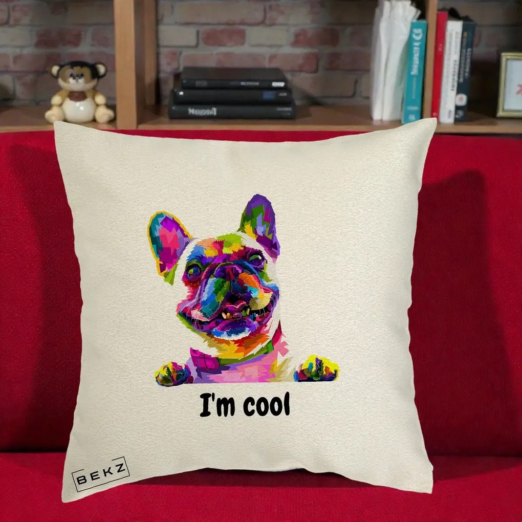 Perna Personalizata Bulldog Francez I'm Cool, 40x40 cm, Ecru, Husa Detasabila, Perna Inclusa, BEKZ®