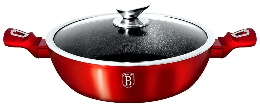 Cratiță marmorată 32 cm – Berlinger Haus BH 1264, 4,9 L Burgundy Metallic Line, antiaderentă, capac sticlă