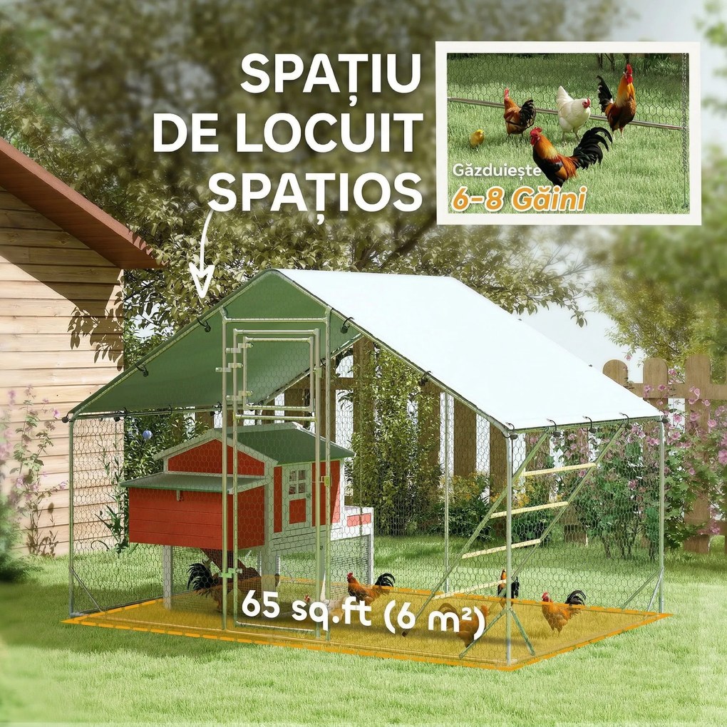 PawHut Coteț pentru Găini cu Copertină Impermeabilă și Rezistentă la UV, 300x200x195 cm, Argintiu | Aosom Romania