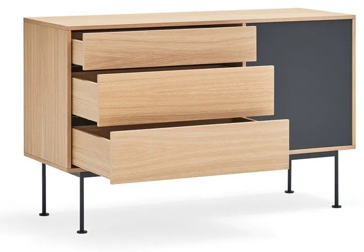 Comodă cu aspect de lemn de stejar Teulat Yoko, lățime 128 cm, gri antracit