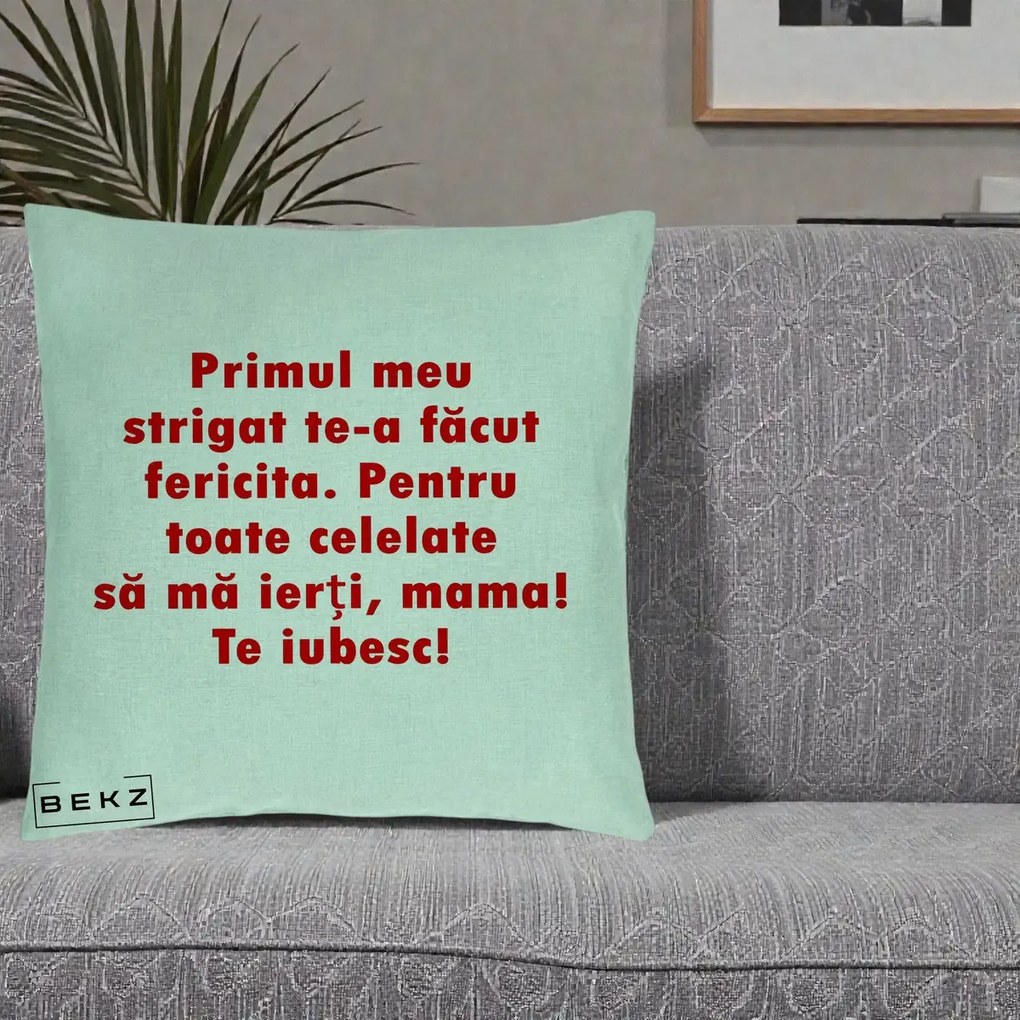 Cadou pentru Mama - Perna Personalizata Primul Strigat Mama, 40x40 cm, Verde Menta, Husa Detasabila, Perna Inclusa, BEKZ®