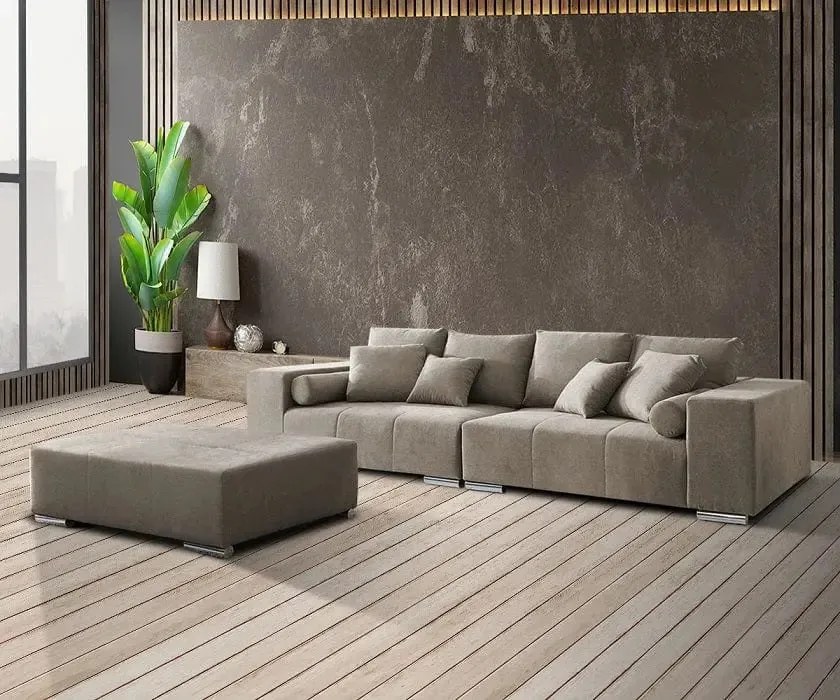 Canapea extensibilă dumonde cu ladă de depozitare si sezut confortabil din spuma high-density, Marbela Enjoy Camel XXL 295x100 cm cu taburet inclus
