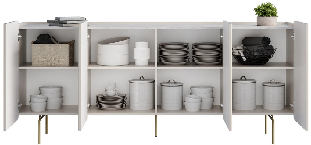 Comodă cu patru uși Malmi 200 cm - cashmere / crema bianca / picioare aurii