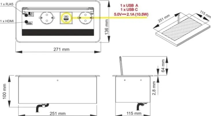 Priza incorporabila in blat Inbox Design Light, 2 prize Schuko, USB A + C, HDMI, RJ45, negru, 271 x 136 mm Otel Aluminiu, Negru, L:271 mm; l:136 mm;