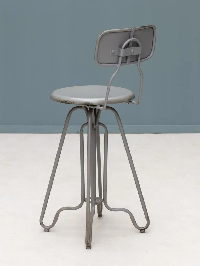 Scaun de bar cu spătar pentru insulă, în stil industrial, din metal, gri, picioare curbate, finisaj antichizat, 88 x 35 x 41 cm, „Valéry”