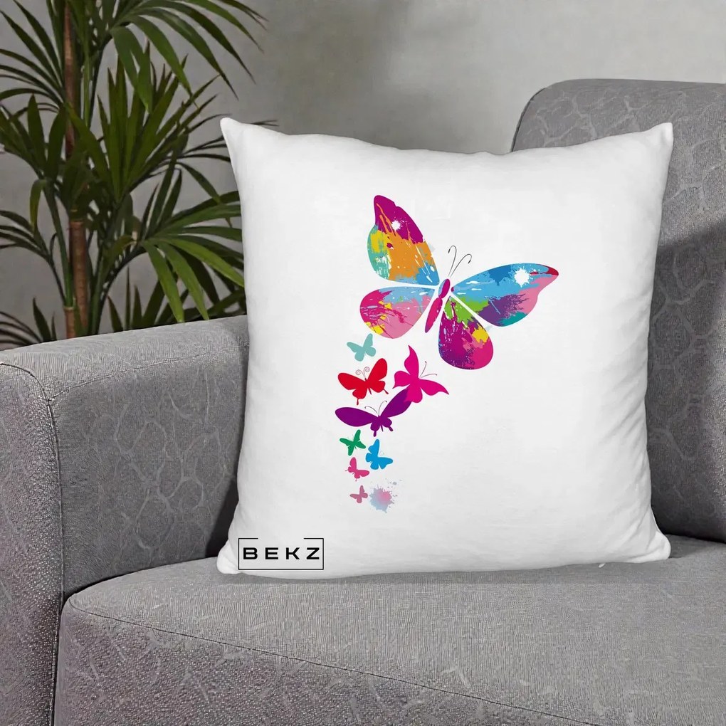 Perna Decorativa Fluturi Splash, 40x40 cm, Alb Pufos, Husa Detasabila, Perna Inclusa, BEKZ®