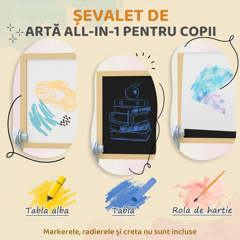 AIYAPLAY Șevalet pentru copii cu tablă dublă pentru cretă și markere, tablă magnetică și tăviță pentru accesorii, rolă de hârtie inclusă, lemn natur | Aosom Romania