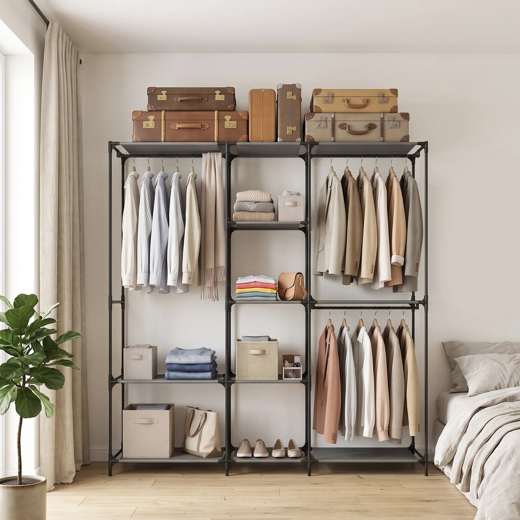 HOMCOM Dulap Textil Compact cu 3 Bare pentru Umerașe, 5 Rafturi și Structură din Oțel, 182 x 43 x 182 Cm, Negru | Aosom Romania