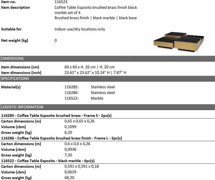 Set de 4 masute de cafea design LUX Esposito, alama periata/ marmura neagra