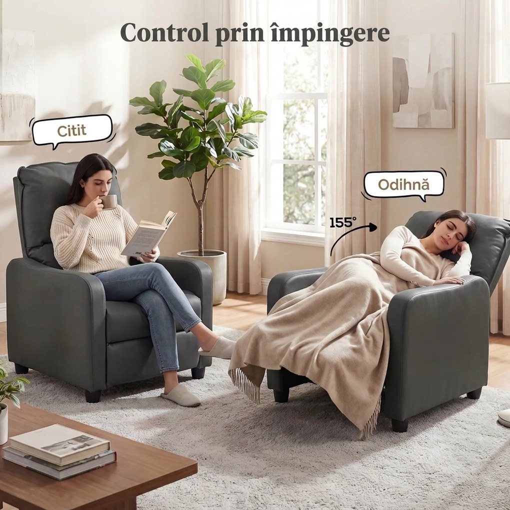 HOMCOM Fotoliu Relax Reclinabil Manual 155° cu Suport pentru Picioare, din Piele Ecologică PU, pentru Living și Dormitor, Gri Închis | Aosom Romania