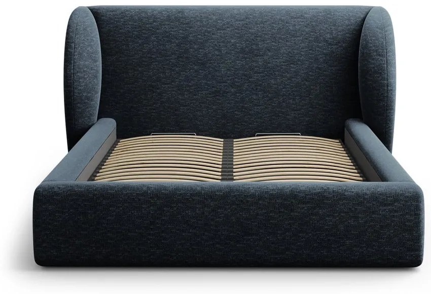 Pat matrimonial albastru închis tapițat cu spațiu de depozitare cu somieră 180x200 cm Miley – Micadoni