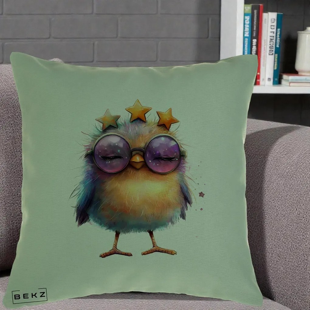 Perna Decorativa Pui Pop Star cu Ochelari Stele Violet, 40x40 cm, Verde, Husa Detasabila, Perna Inclusa, BEKZ®