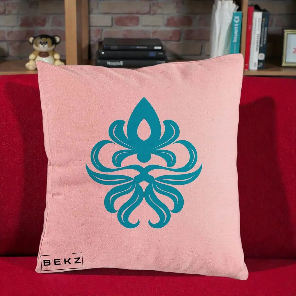 Perna Decorativa Ornament Turcoaz Fleur de Lis, 40x40 cm, Roz, Husa Detasabila, Perna Inclusa, BEKZ®