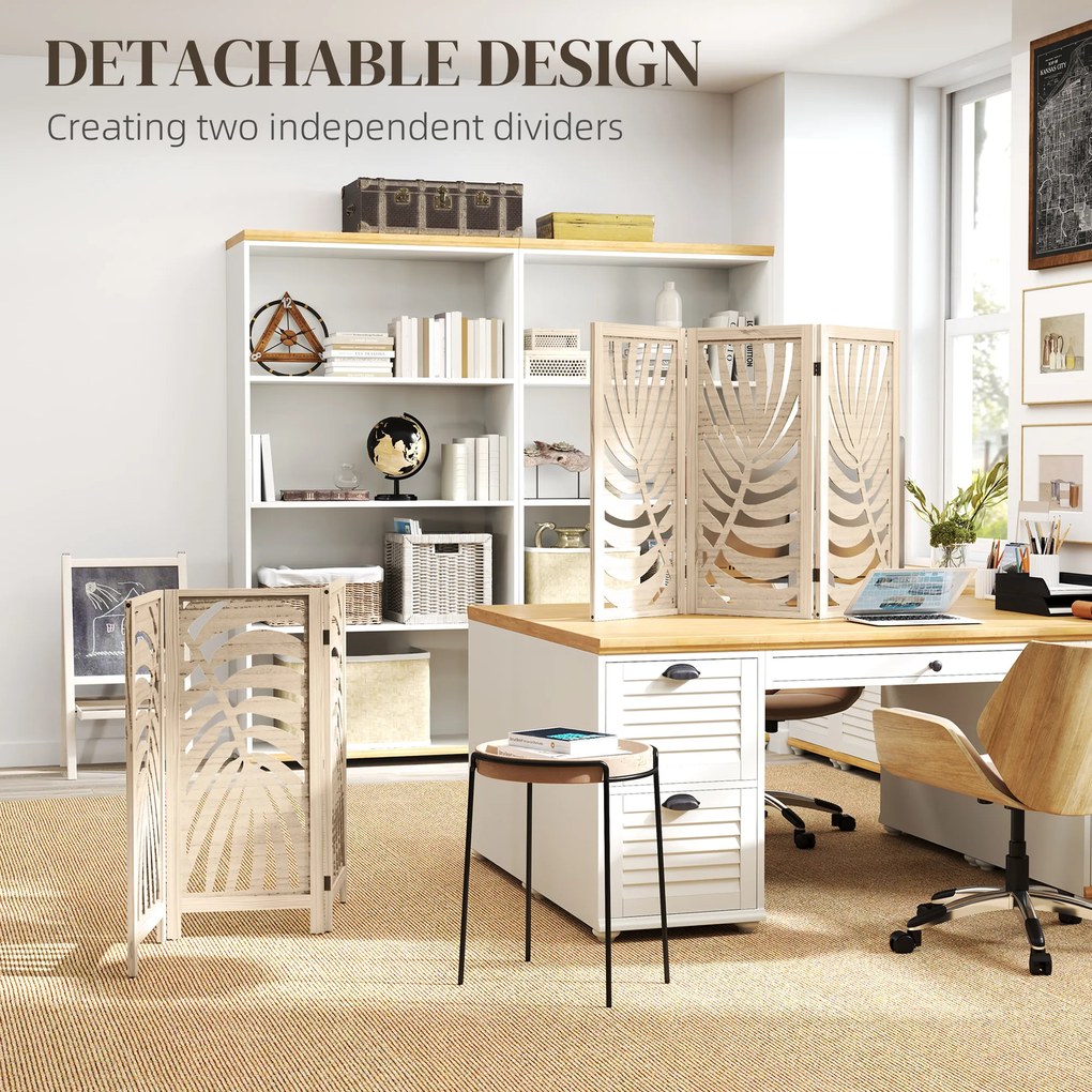 HOMCOM Paravan cu 3 Panouri, Separator Pliabil cu Design Frunze pentru Interior, Finisaj Natural | Aosom Romania