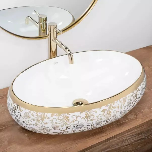 Lavoar pe blat Rea Melania Meryl oval finisaj alb - auriu 60 cm