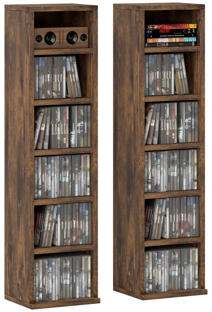 HOMCOM Raft pentru CD-uri, 2 Bucăți cu Câte 6 Rafturi cu Înălțime Reglabilă, 21x22,5x88,5 cm, Maro Rustic | Aosom Romania