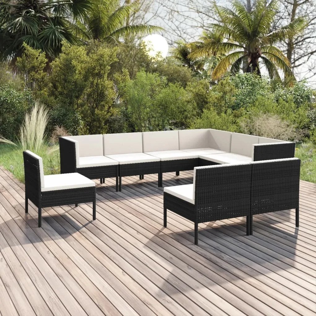 Set mobilier de gradina cu perne, 9 piese, negru, poliratan