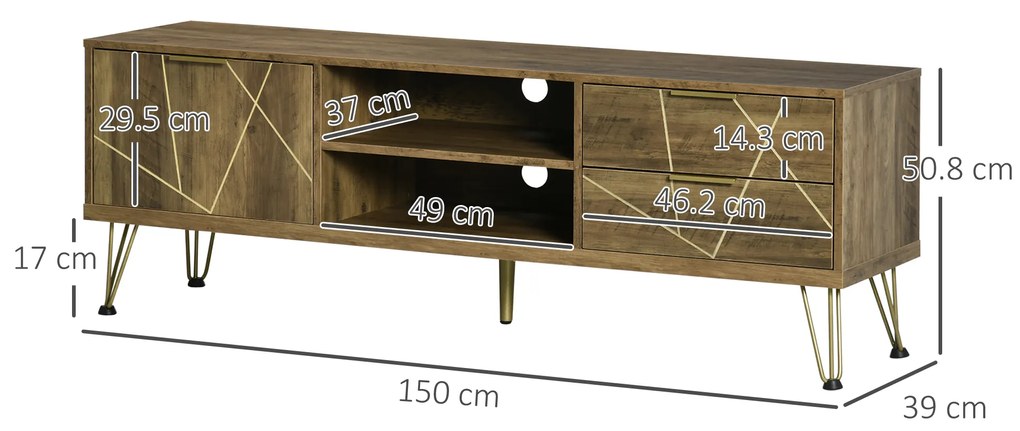 HOMCOM Dulap TV 55", Dulap de living cu dulap, sertare si rafturi din lemn si otel, 150x39x50,8 cm, lemn si auriu