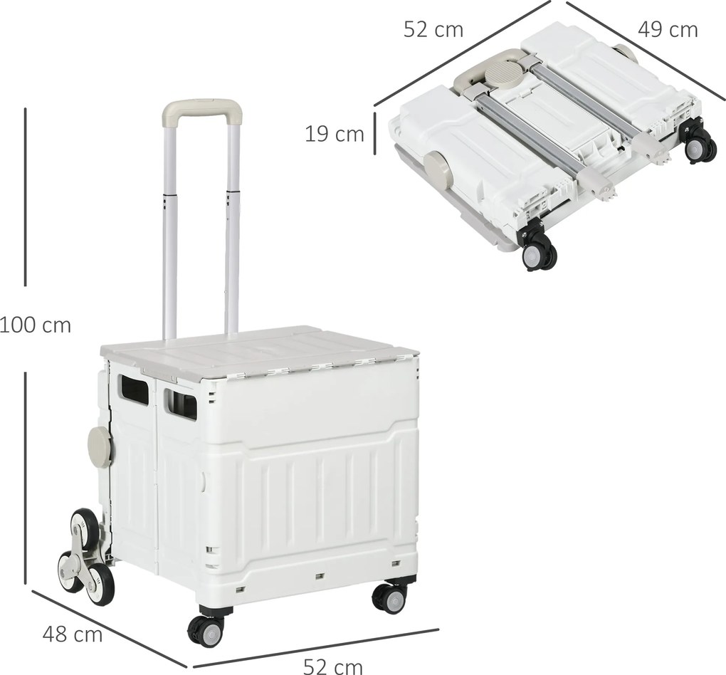 HOMCOM Cărucior Pliabil pentru Cumpărături cu Roți pentru Scări și Mâner Telescopic, Capacitate 80 kg, 51L, Cărucior din Aluminiu pentru Cumpărături și Camping, Alb, 52 x 48 x 100 cm | Aosom Romania